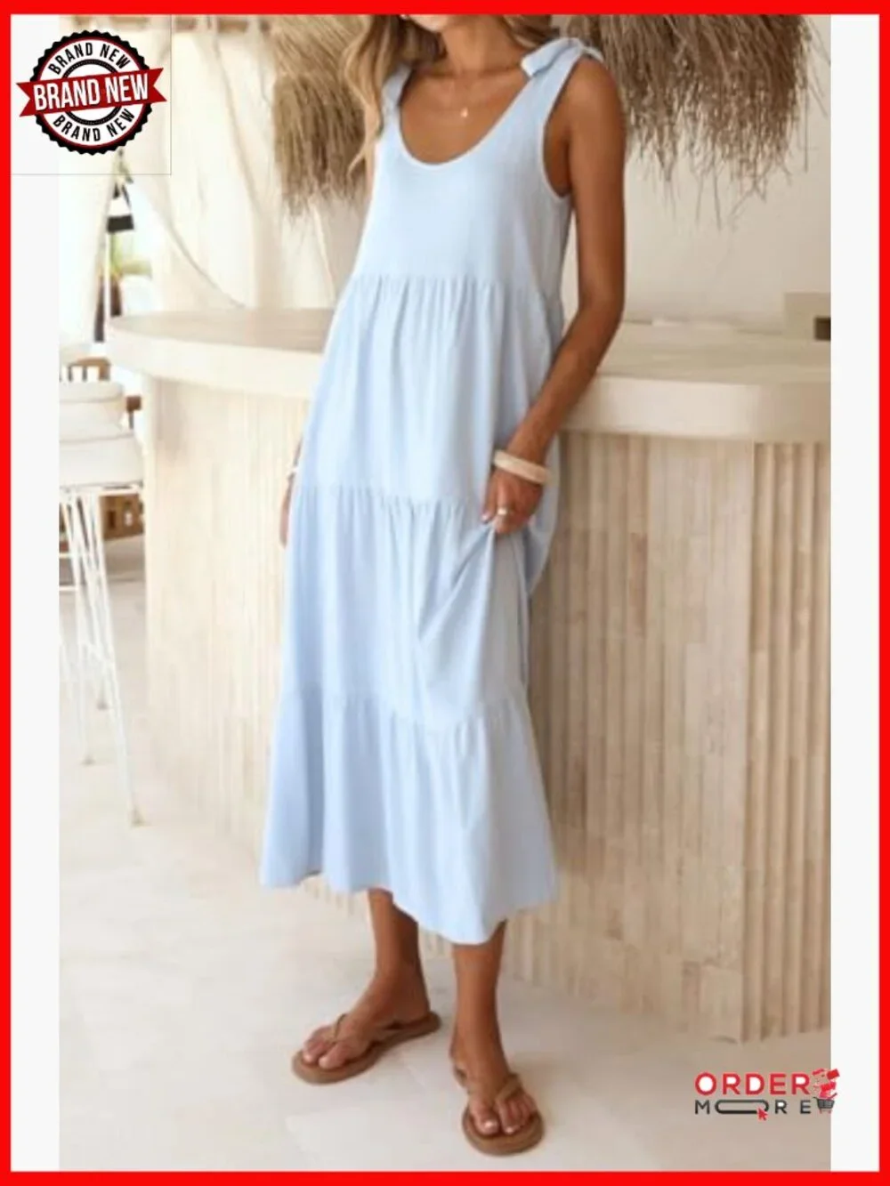 Tie Shoulder Linen Cotton Sundress Sleeveless Tiered Ruffle Midi Dress with - Picture 6 of 6